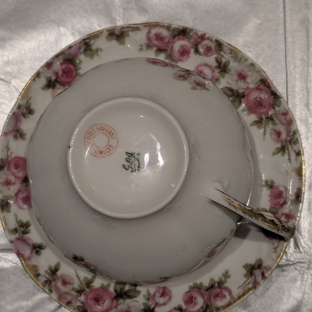 Limoges Floral Teacup and Saucer with Gold Trim